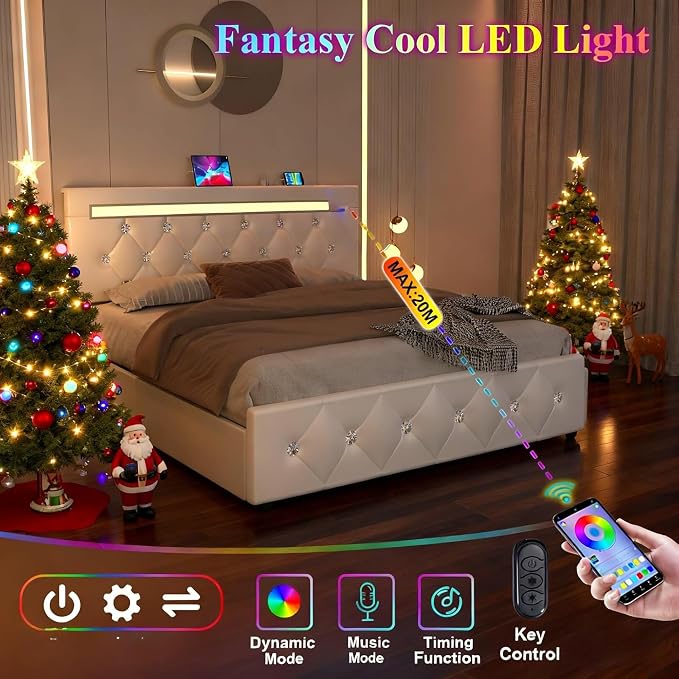 4 Pieces Queen Bedroom Set, Modern PU Fabric Metal Bed Frame with Charging Port, LED Light& Adjustable Headboard, Retractable Dressing Table with Mirror& Light, 2 Nightstands with Charge