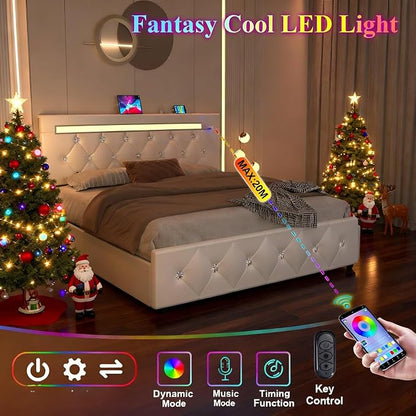 4 Pieces Queen Bedroom Set, Modern PU Fabric Metal Bed Frame with Charging Port, LED Light& Adjustable Headboard, Retractable Dressing Table with Mirror& Light, 2 Nightstands with Charge