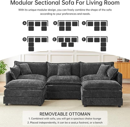 Modular Sectional Sofa, 112.2 Inch U Shaped Couch Set with Armrests, 3-Seater Comfy Cloud Couches with Movable Ottoman for Living Room Apartment, Grey