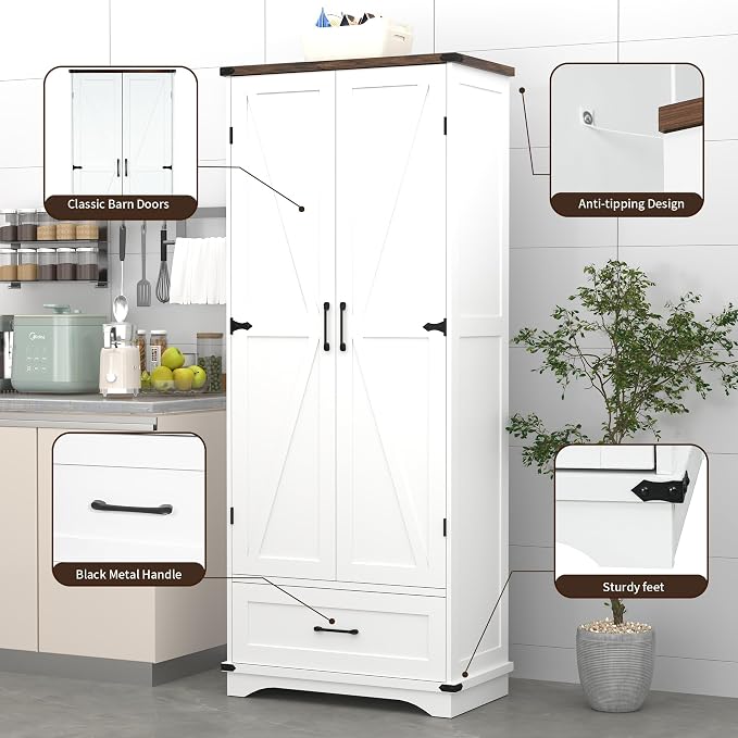 71" Farmhouse Kitchen Pantry Storage Cabinet with Drawer & 2 Barn Doors, Freestanding Cupboard with Adjustable Shelves, Modern Floor Cabinet for Kitchen, Dining Room, Living Room, White