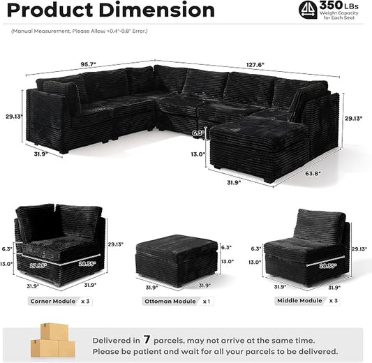 ovios Modular Sectional Sofa Couch with Sofa Bed U-Shape Chaise, Comfy Plush Corduroy Cloud Couches, Modern Luxury Deep Seat Sofas Set for Living Room, 7-Seater, Black