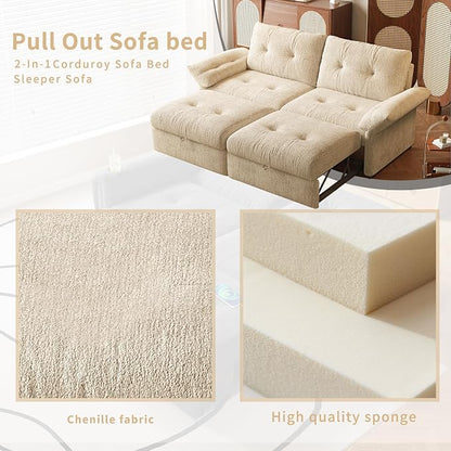 81.5" Pull Out Sofa Bed Full Size, Pre-Assembled Chenille Sleeper Sofa, Convertible Loveseat Futon Couch with Tufted, Pillows, for Apartment, Living Room, Small Spaces, dorms, Beige