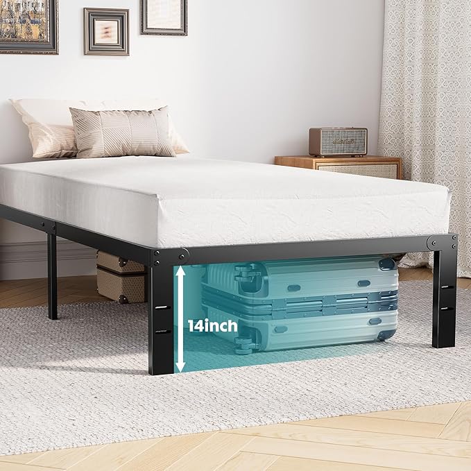 Sweetcrispy Twin Bed Frame - Heavy Duty Metal Platform Bed Frames Twin Size with Storage Space Under Frame, No Box Spring Needed, 14 Inches, Sturdy Steel Slat Support