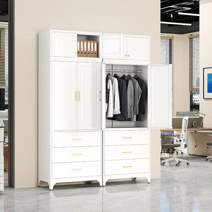 SteeLoong 86" Metal Armoire Wardrobe Closet with 3 Drawers,Tall Clothing Storage Cabinet with Adjustable Shelves and Hanging Rod,White Wardrobe Closet for Bedroom,Home,Bathroom,Gym