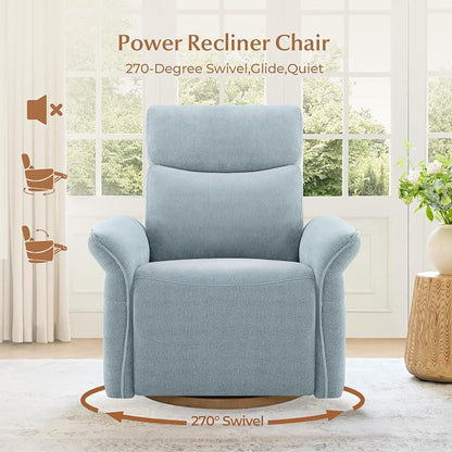 CHITA Power Recliner Chair, Electric Triple-Motor Swivel Glider Nursery Rocking Chair with Adjustable Power Headrest and Lumbar Support, GREENGARD Gold Certified, Solid Wood Base, Baby Blue