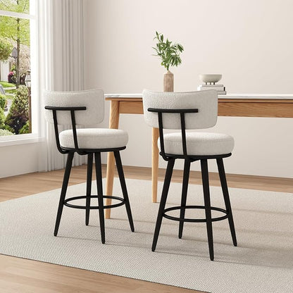 Bar Stools Set of 2, 26 Inches Modern Counter Stools with Metal Legs, Boucle Barstools with Backs, Bar Chairs for Kitchen Island, Upholstered Fabric White 2501