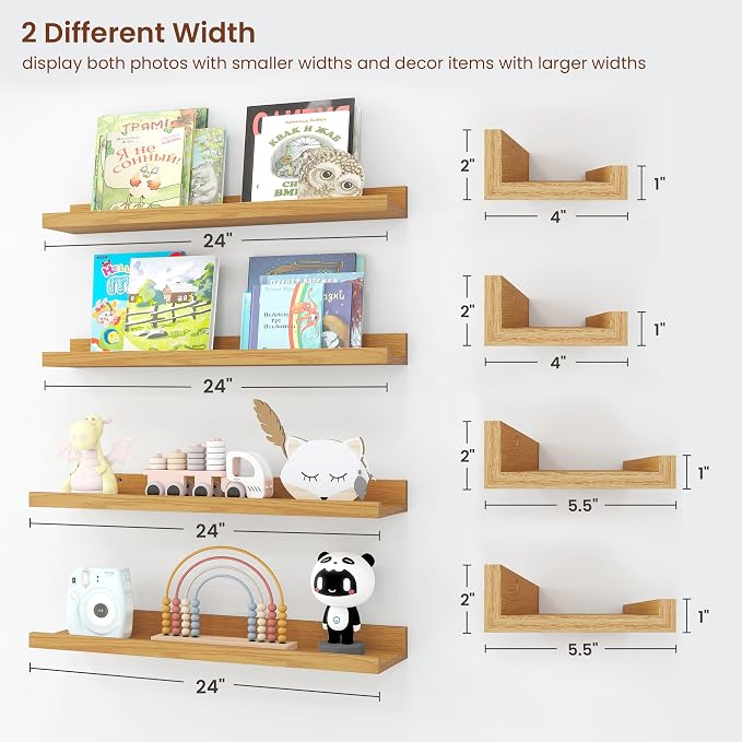 Axeman Picture Ledge Shelf | 24 Inch Oak Floating Shelves Set of 4 | Rustic Wood Wall Shelves with Lip | 24" Oak Picture Shelves for Wall with Ledge | Photo Shelves