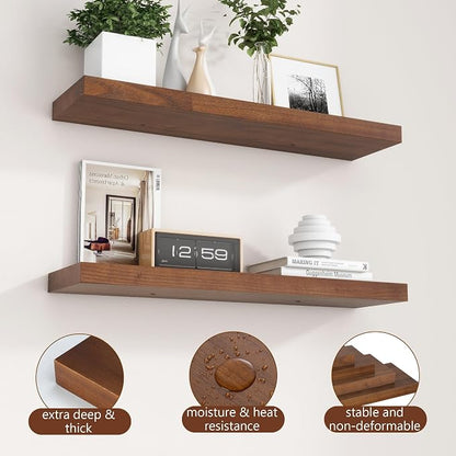 fuqing 30 Inch Floating Shelves for Wall Set of 2, Rustic Wood Wall Shelves for Living Room Bedroom Bathroom Home Office - Walnut
