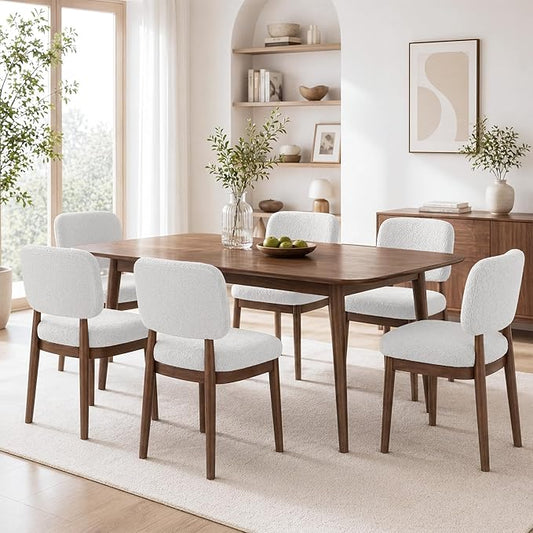 Wooden Dining Chairs Set of 6, Boucle Upholstered Kitchen Chairs with Solid Wood Legs, Mid Century Modern Dining Chairs, Farmhouse Side Chair with Hardwood Frame for Dining Room, White