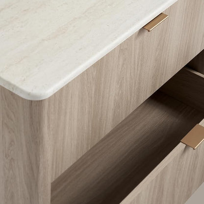 ModernMate 3 Drawer Dresser with Curved Profile & Faux Travertine Texture, 31.5" Large Nightstand Anti-Tip Chest of Drawers for Bedroom, Living Room, Wood Grain Gray