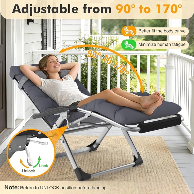 Slendor Oversized Zero Gravity Chair XXL, 33IN Outdoor Recliner Chair w/Removable Cushion&Headrest, Camping Lounge Chair w/Upgraded Lock&Footrest, Reclining Patio Chairs, Support 500lbs, Dark Gray