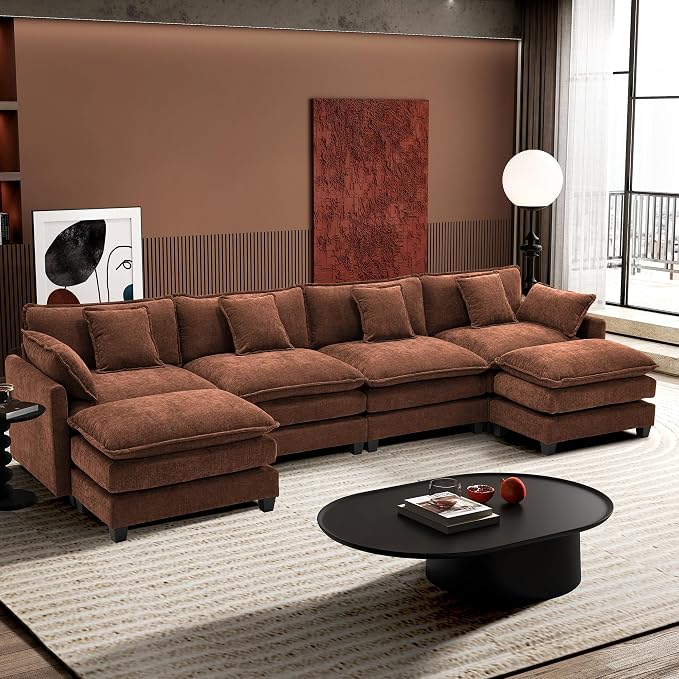 Ihanherry 146" U-Shaped Modern Sofa Modular Sectional Luxurious and Comfortable with 2 Ottoman, 6-Seat Chenille Deep Seat Sofa with 6 Pillows for Living Room, Bedroom and Apartment, Brick Red