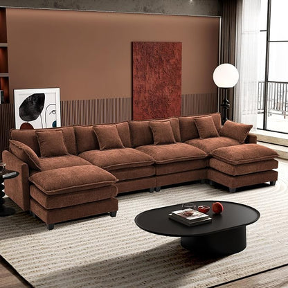 Ihanherry 146" U-Shaped Modern Sofa Modular Sectional Luxurious and Comfortable with 2 Ottoman, 6-Seat Chenille Deep Seat Sofa with 6 Pillows for Living Room, Bedroom and Apartment, Brick Red
