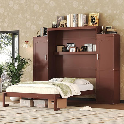 Merax Queen Size Wood Murphy Bed, with 2 Wardrobe and Storage Shelf, Multifunctional Foldable Wall Platform Bedframe for Guest-Room, Bedroom, Walnut
