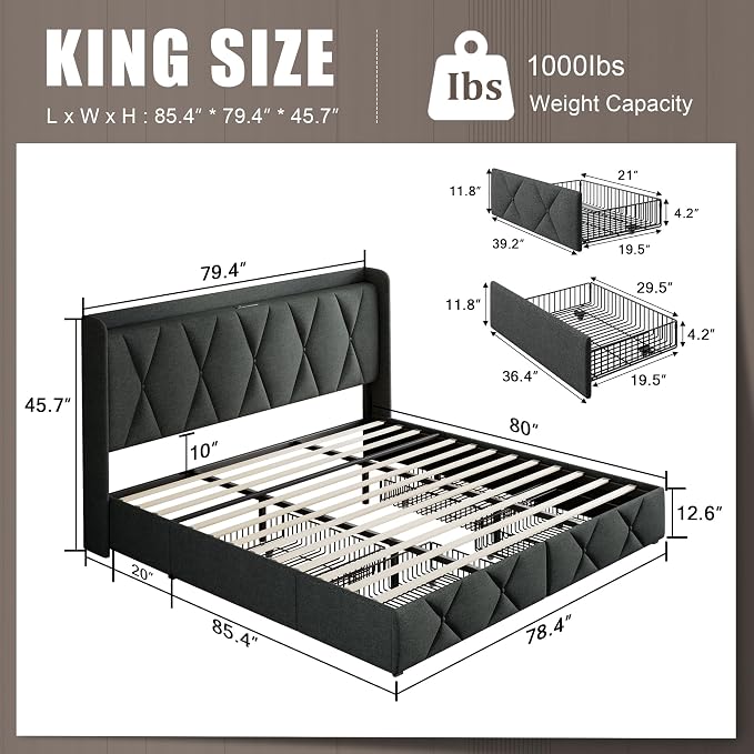 Einhomn King Size Bed Frame with 4 Storage Drawers and Charging Station, Upholstered Platform Bed Frame with Storage Headboard, No Box Spring Needed, Easy Assembly, Dark Grey