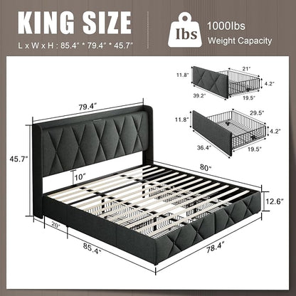 Einhomn King Size Bed Frame with 4 Storage Drawers and Charging Station, Upholstered Platform Bed Frame with Storage Headboard, No Box Spring Needed, Easy Assembly, Dark Grey