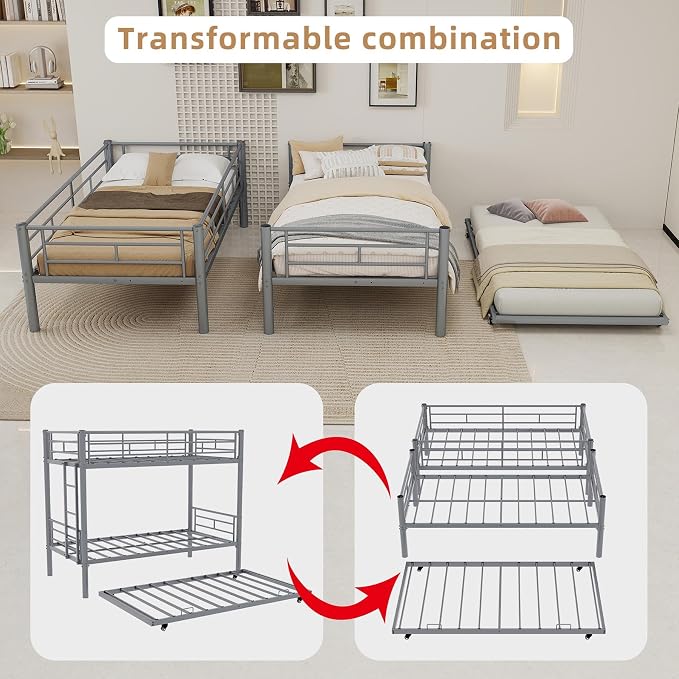 3-Way Convertible Twin over Twin Bunk Bed with Trundle, Metal Low Bunkbed for Kids Boys Girls, Guardrail & Ladders, Heavy Duty, No Box Spring Needed, Space-Saving, Easy Assembly (Silver, With Trundle)