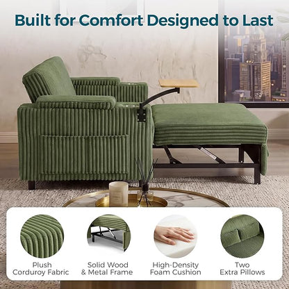 LINSY HOME 3-in-1 Pull Out Sofa Bed, 58" Convertible Sleeper Sofa for Living Room, 360° Swivel Table, Storage Armrests, Charging Station, Cup Holders, 2 Pillows, Corduroy Loveseat Futon Couch, Green