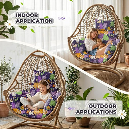 Waterproof Egg Chair Cushion Replacement 47x31.5x4.7 inch Thicken Hanging Egg Swing Chair Cushion Indoor Outdoor Wicker Rattan Hammock Basket Cushion with Headrest Pillow, Purple Leaves