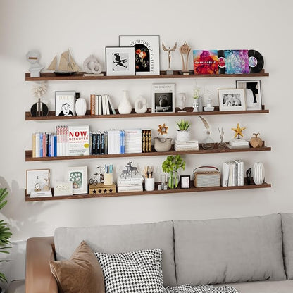 Axeman 72 Inch Floating Shelves | Walnut Picture Ledge Shelf Set of 4 | Rustic Wood Wall Shelves with Lip | 72" Walnut Picture Shelves for Wall with Ledge | Photo Shelves