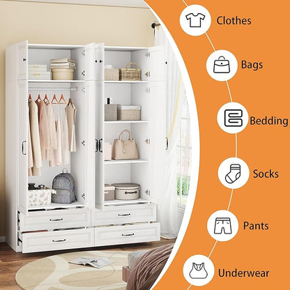 Armoire Wardrobe Closet with 4 Drawers: 88" White Bedroom Closet, Wood Wardrobe Closets with 4 Doors, Tall Armoire Cabinet and Storage Shelves for Clothing (63")