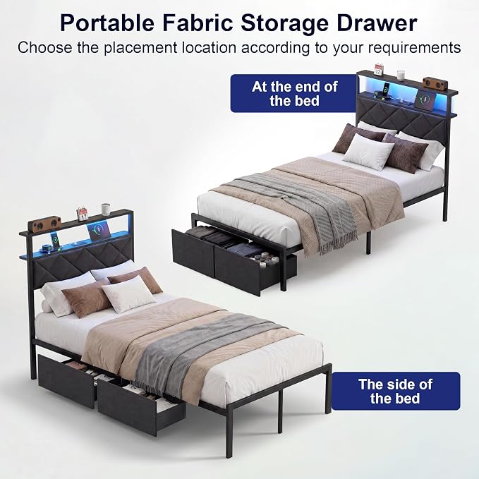 Twin Bed Frame with LED Lights, Charging Station & 2 Storage Drawers, Metal Platform with Upholstered Headboard, No Box Spring Needed, Easy Assembly