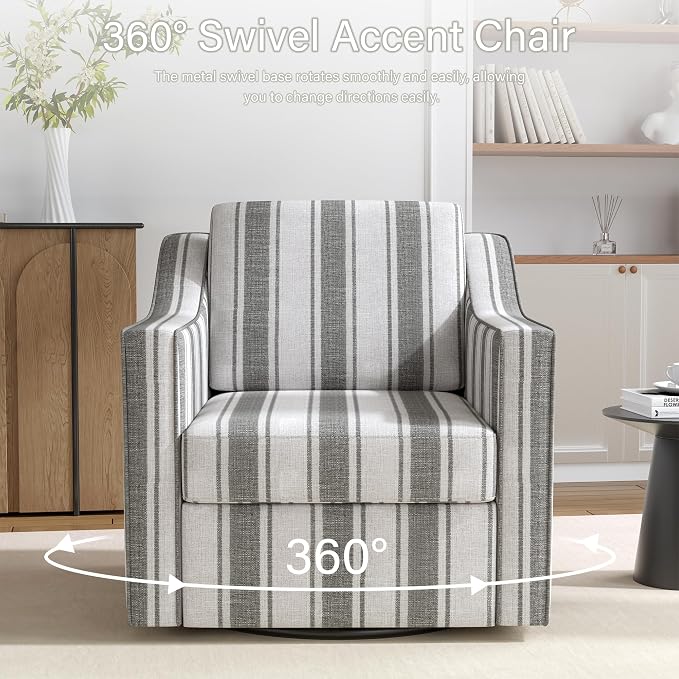 Swivel Accent Chairs Set of 2, 360° Swivel Upholstered Club Armchairs for Living Room, Comfy Fabric Single Sofa Reading Chair with Deep Seat, Metal Swivel Base, Gray Stripe