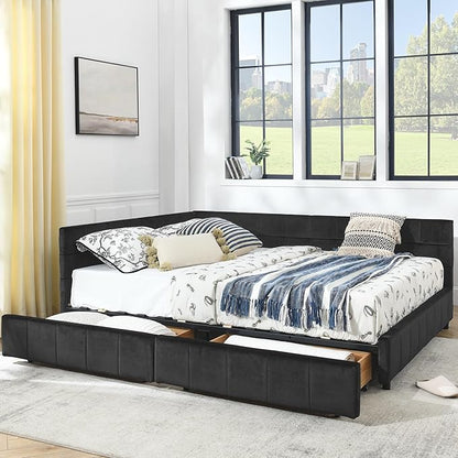 Queen Size Corner Bed Frame with Storage Drawers, Comfortable Backrest and Armrests, Velvet Tufted Corner Bed Frame Queen Size, Upholstered Daybed for Bedroom, Living Room, Guest Room, Black