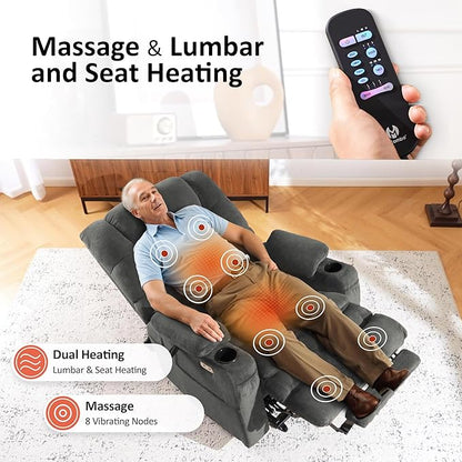 MCombo Big Man Power Lay Flat Lift Chair, Triple Motor Power Lift Recliner with Massage & Dual Heating, Adjustable Headrest, Fabric R7524 (Grey, Medium-Wide)