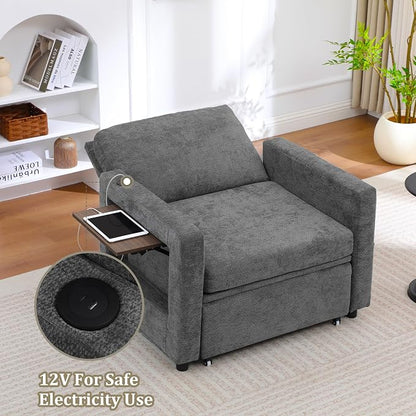 3 in 1 Folding Convertible Sleeper Sofa Bed Pull Out Couch with Side Pockets Side Table USB Port Single Sofa Bed with Adjustable Backrest for Living Room Bedroom Office 66" Darkgrey 1 SEAT