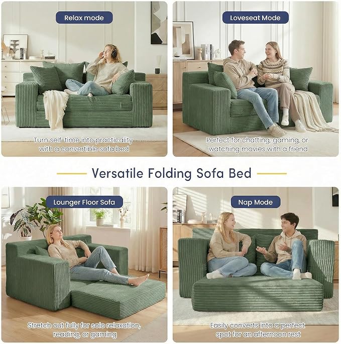 cidludto Convertible Sofa Bed, Boneless Couch 2 in 1 Loveseat Folding Couch Bed Foldable, Chair Bed & Futon Sofa Bed, Small Corduroy Pull Out Sofa with 4 Pillows for Living Room, Green