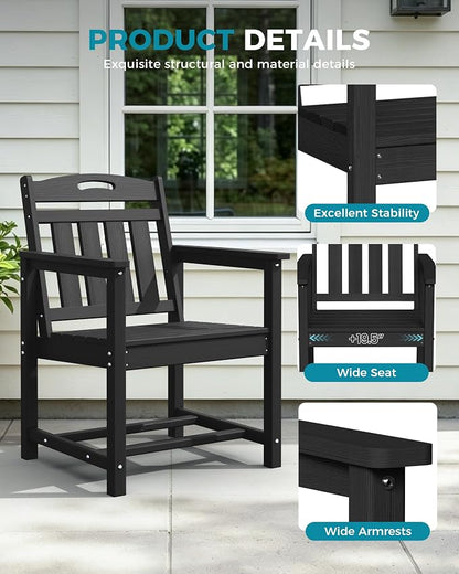 Ciokea HDPE Outdoor Patio Dining Chairs Set of 2, All-Weather Porch Chair with Wide Seat, Durable Outdoor Furniture for Backyard, Garden, Lawn & Poolside, Black