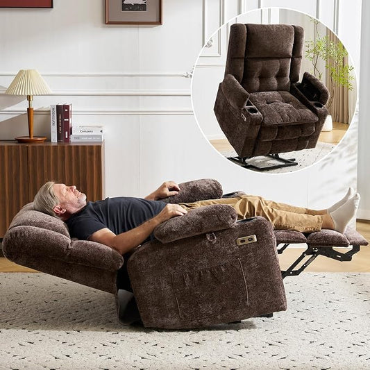 Oversized Power Recliner Chair for Elderly with Massage and Heat, Dual Motor Lay Flat Recliner with Arm Storage，Lift Chair for Big Tall, Infinite Position,Extended Footrest, Coffee