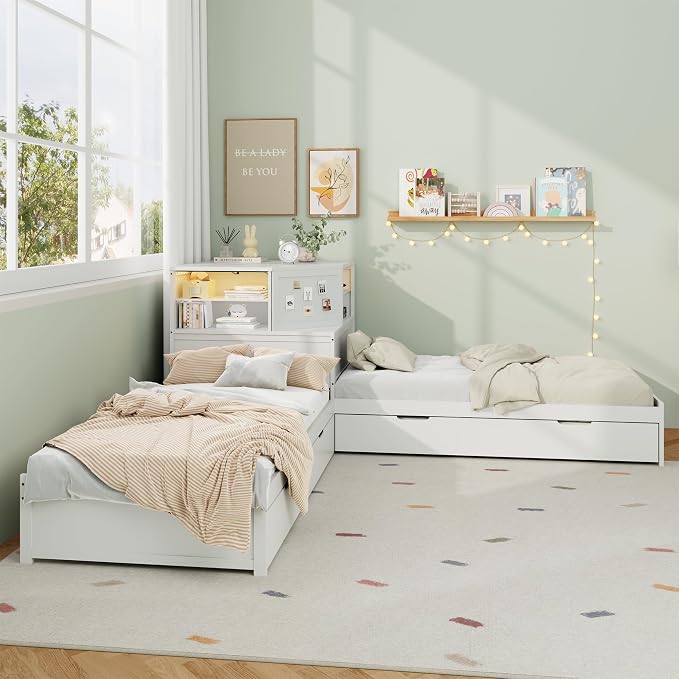 Merax L-Shaped Combination Twin Bed Frame with Trundle,Drawer,Built-in Desk and Led Downlight,3-in-1 Design for Bedroom