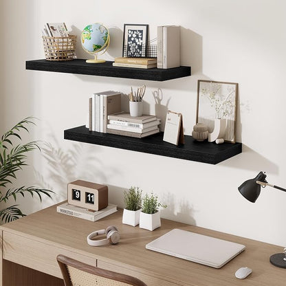 Fun Memories Floating Shelves for Wall 36 Inches, Wood Shelves with Invisible Bracket, 10" Deep Shelves Wall Mounted, Large Wood Floating Shelves for Living Room Bathroom, Black, Set of 2