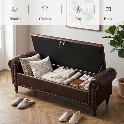 Furniliving 63” End of Bed Storage Bench, Bedroom Bench with Button-Tufted, Upholstered Storage Ottoman Benches Window Bench with Storage, Leather Bench for Living Room, Entryway, PU, BlackBrown
