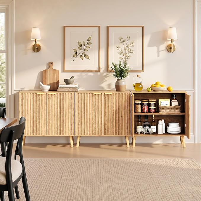Set of 3 Fluted Storage Cabinet, Buffet Cabinet with Storage, Wood Sideboard with Adjustable Shelf, Modern Accent Cabinet & Console Table for Entryway, Living Room, Dining Room, Natural