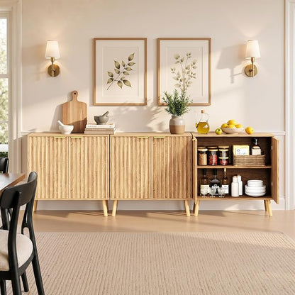 Set of 3 Fluted Storage Cabinet, Buffet Cabinet with Storage, Wood Sideboard with Adjustable Shelf, Modern Accent Cabinet & Console Table for Entryway, Living Room, Dining Room, Natural