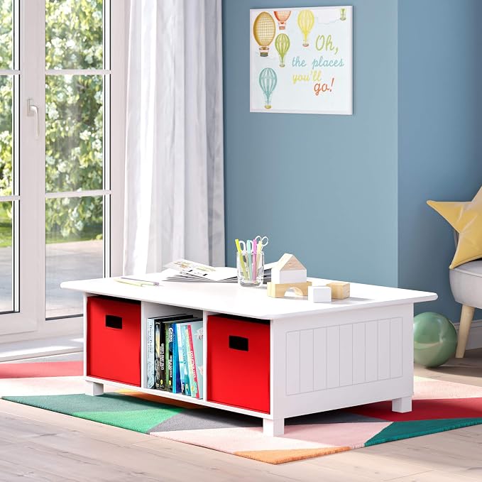 RiverRidge Kids 6 Cubby Storage 2pc Activity Table, White with Red Bins