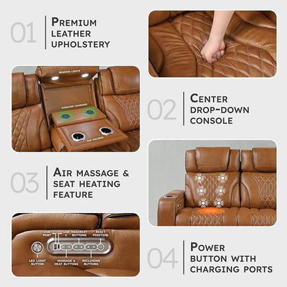 Lexicon Power Double Reclining Sofa, Center Drop-Down Table with Heat/Massage/Headrest/Storage Arms/Cup Holders/LED Lights/Wireless Charging, Top Grain Leather Match Wall Hugger Recliner Sofa, Brown