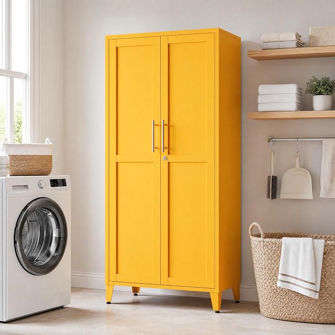 61" Yellow Metal Storage Cabinet and Lock, 2-Door Metal Locker Cabinet with Adjustable Shelves, 4-Tier Steel Storage Locker for Bedroom Living Room Kitchen Home Office Size：61"H X 27.6"W X 13.8"D