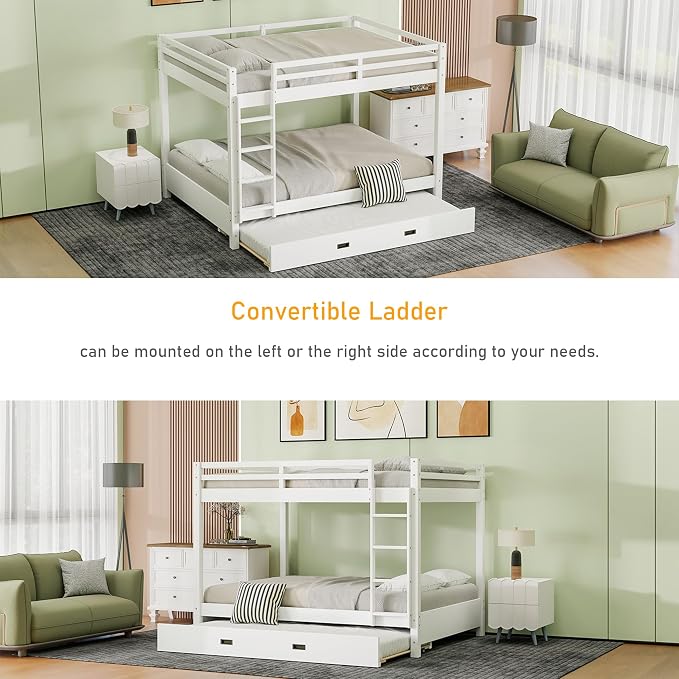 Merax Wood Queen Bunk Bed with Twin XL Trundle & Ladder - Space-Saving Design, Sturdy Frame & Guard Rails,White