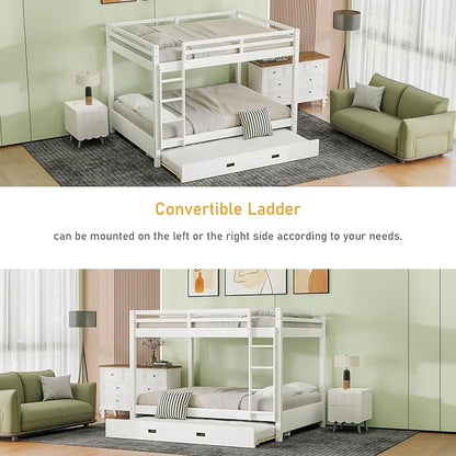 Merax Wood Queen Bunk Bed with Twin XL Trundle & Ladder - Space-Saving Design, Sturdy Frame & Guard Rails,White