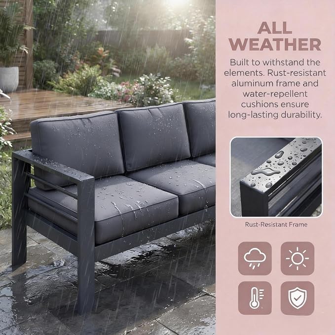 Kiss the Water 3 Seats Aluminum Outdoor Patio Sofa Set, All Weather Rust-Proof Metal Patio Couch, Modern Outdoor Furniture for Backyard Porch Garden, 5" Thick Waterproof Olefin Cushions, Light Grey