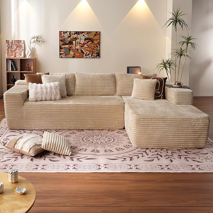 ovios 104" Cloud Boneless Couch with L-Shape Chaise,Modern Sectional Modular Sofa with Deep Seat, Upholstered Couches for Living Room Bedroom,No Assembly Required, Beige (Plush Corduroy Fabric)