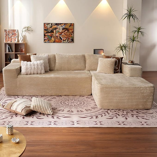 ovios 104" Cloud Boneless Couch with L-Shape Chaise,Modern Sectional Modular Sofa with Deep Seat, Upholstered Couches for Living Room Bedroom,No Assembly Required, Beige (Plush Corduroy Fabric)