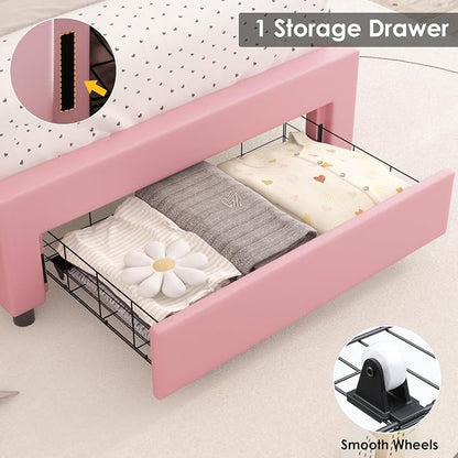 Keyluv Queen Upholstered LED Bed Frame with Storage Drawer, Leather Princess Platform Bed with Adjustable Crystal Button Tufted Crown Headboard, Solid Wooden Slats Support, No Box Spring Needed, Pink