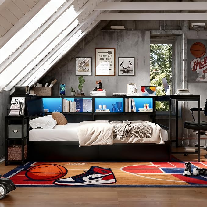 Bellemave Twin Size Corner Bed Frame with Storage Drawers, Bookcase and Side Desk, Twin Corner Bed with Light and Charging Station, Daybed for Bedroom, Living Room, Guest Room Black