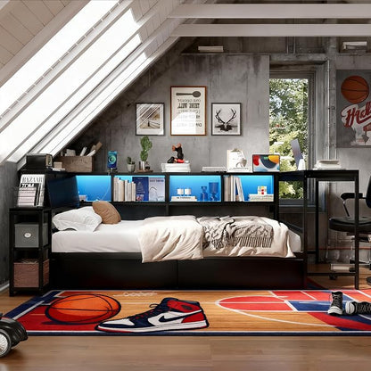 Bellemave Twin Size Corner Bed Frame with Storage Drawers, Bookcase and Side Desk, Twin Corner Bed with Light and Charging Station, Daybed for Bedroom, Living Room, Guest Room Black