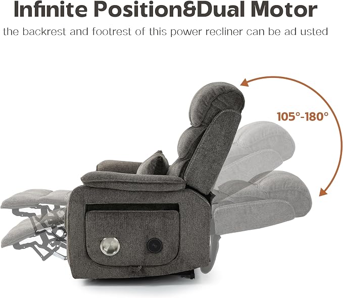 JIKFRIMA Power Lift Recliners Chairs for Elderly Adults Lay Flat Recliner with Heat & Massage, Wireless Charging Device, USB Ports, Cup Holder, Lumbar Pillow, 400Lbs（Chenille Fibric,Grey）